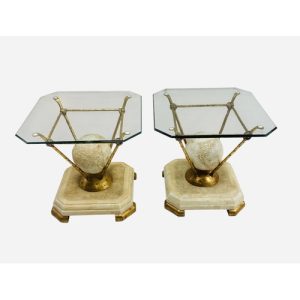 French Alabaster & Gilt Metal Glass Top Pair of Tables