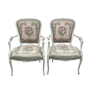 Antique Style Pair of French Hand Painted Needle Point Armchairs