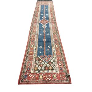 Extremely Attractiove Fine Woven All Wool Blue Ground Runner , Numerous Borders, Outer Red Guard Elongated Central Medallion.